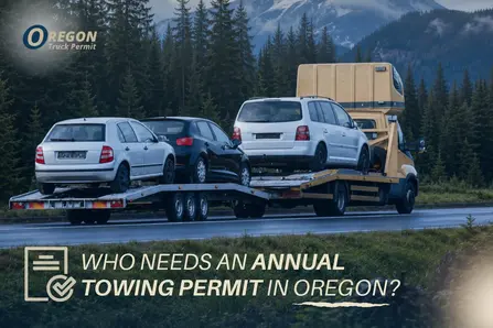 Blog Cover Depicting A Car Carrier Driving Through Oregon Forest Roads With The Heading About Annual Towing Permits