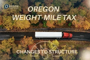 Blog Cover Depicting An Aerial View of a Red Semi-Truck Driving Through Autumn Forests in Oregon With the Heading Oregon Weight-Mile Tax Changes to Structure