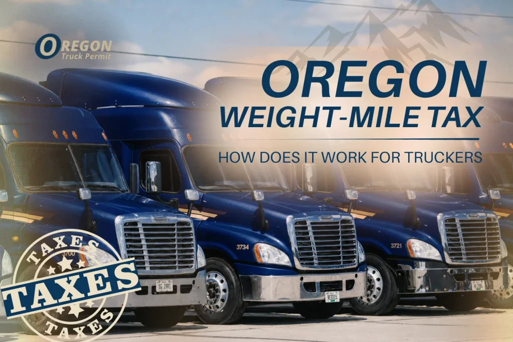 Blog Cover Depicting Blue Commercial Trucks With Oregon Weight-Mile Tax Heading And Tax Stamp