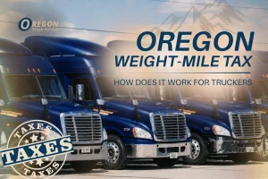 Blog Cover Depicting Blue Commercial Trucks With Oregon Weight-Mile Tax Heading And Tax Stamp