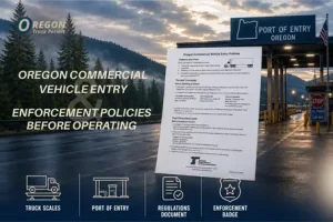 Blog Cover Depicting Oregon Commercial Vehicle Entry Enforcement Policies With A Port Of Entry, Regulation Document, And Trucking Icons