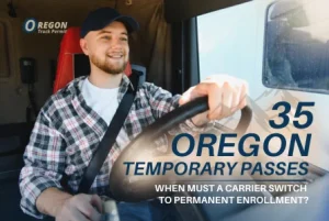 Truck driver explaining Oregon DMV trip permit and temporary passes.