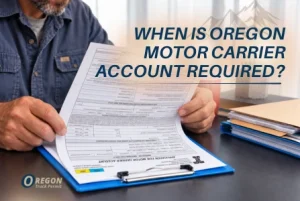 Man reviewing paperwork about Oregon motor carrier account requirements.